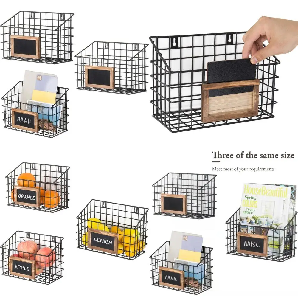 

10-дюймовые настенные металлические корзины для хранения из матового чёрного металла с этикетками-досками, маленькие подвесные органайзеры или контейнеры для прихожей
