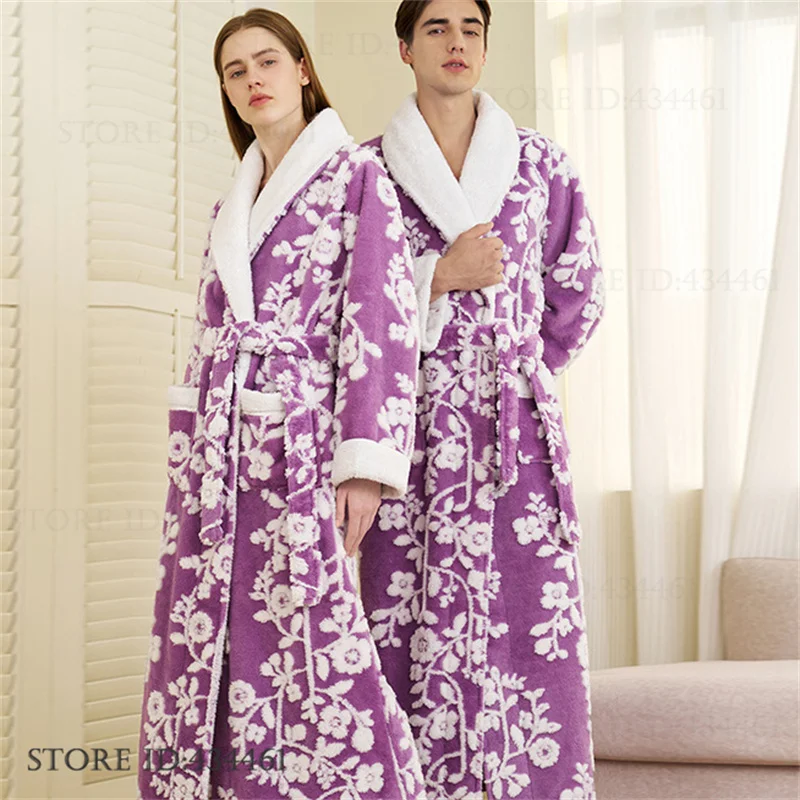 New Thicken Flannel Jacquard Long Robe Kimono Gown Women's Sleepwear Winter Warm Bathrobe Homewear Loose Coral Fleece Loungewear