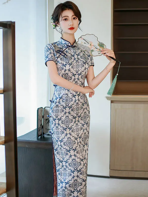 

Женское дышащее платье из полиэстера и спандекса в китайском ретро-стиле Ele Long Qinghua Porcelain Mommy Sle