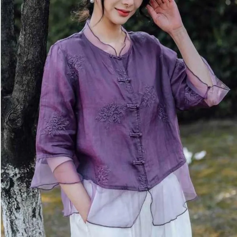 2024 Women's Summer Pullover Round Neck Retro Embroidered Cotton and Hemp Spliced Button Fashion Solid Color Chinese Style Shirt