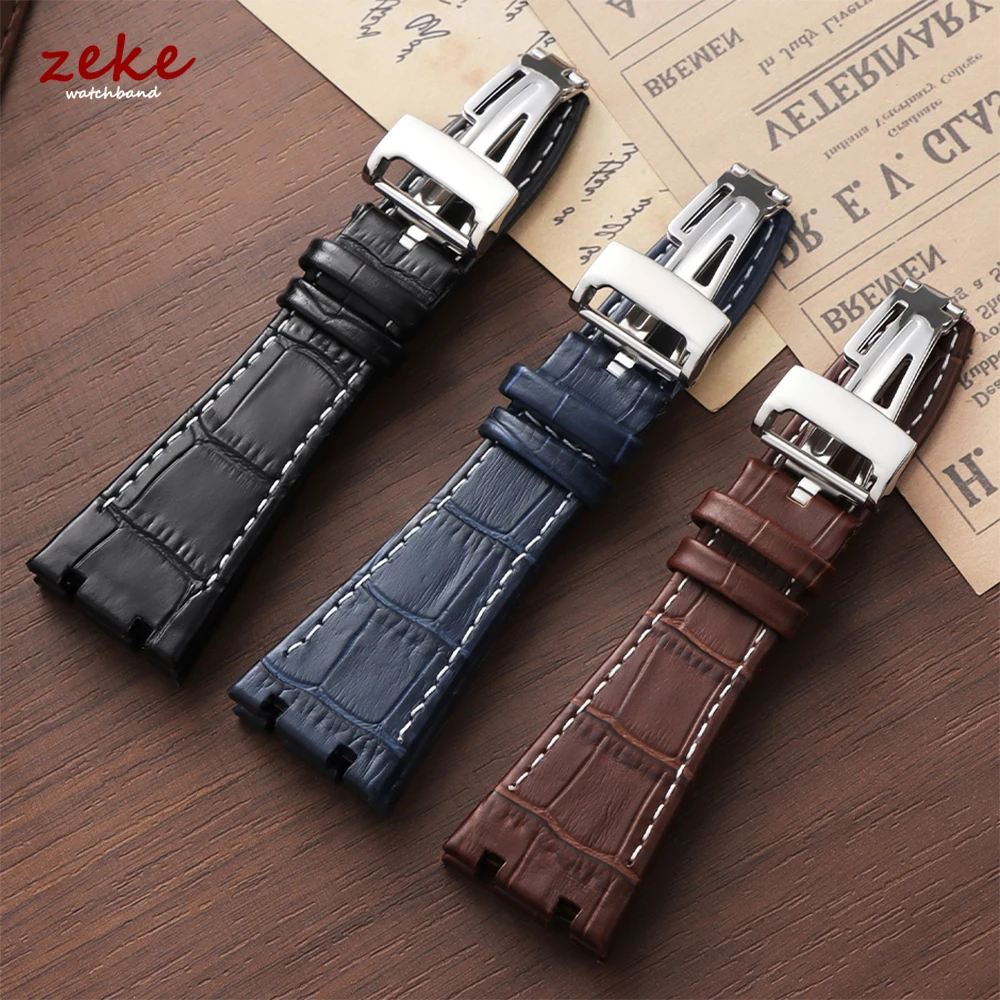 Genuine Leather Watch Strap 27mm for Royal Oak Offshore Slub Pattern Stitching Cowhide WatchBand Butterfly Buckle Business Bands
