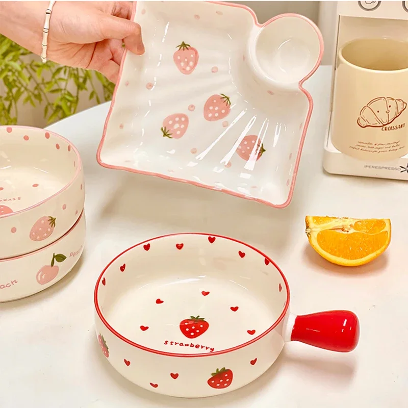 Cute Strawberry Peach Bowl Plate Kitchen Bowl with Handle Tableware Gift for Kids Girl Women Ceramic Fruit  Salad Noodle Ramen