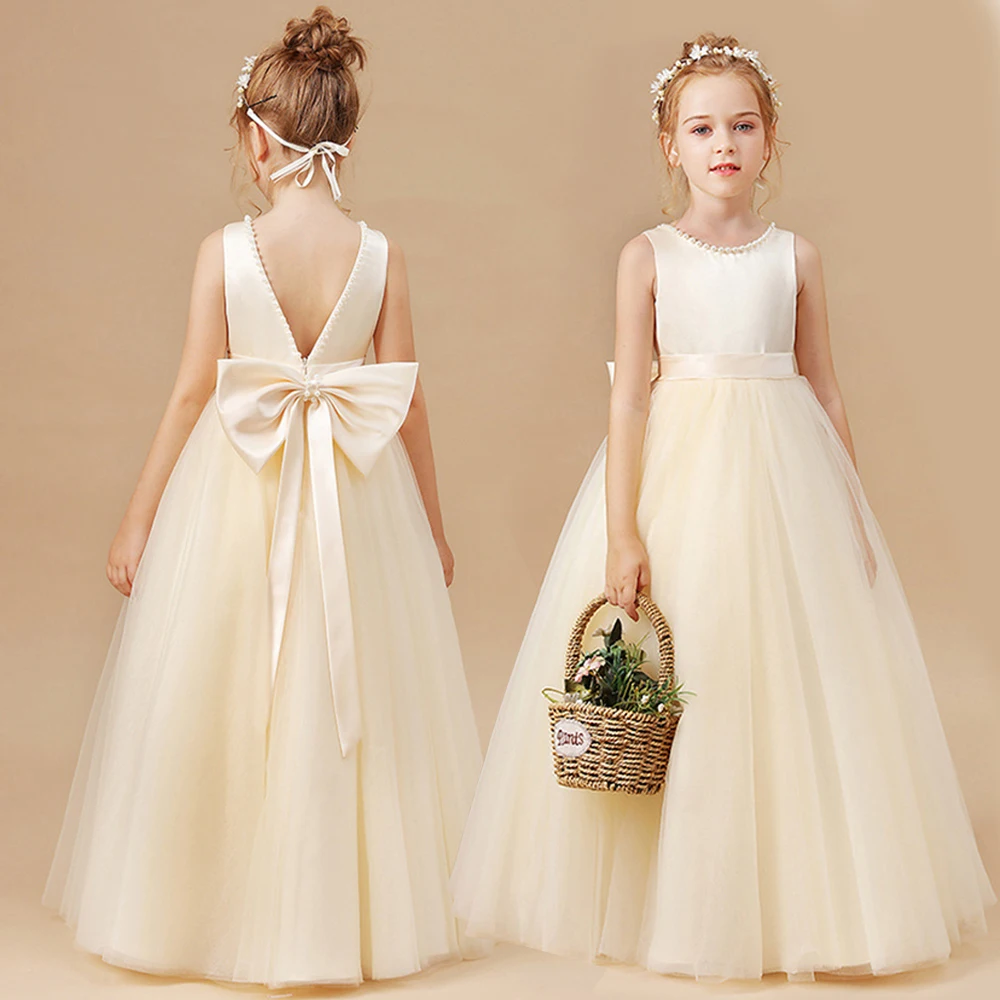 

Вечернее платье для девочек от 7 до 14 лет, элегантное цельное платье принцессы с большим бантом, торжественное рождественское платье для девочек, длинные платья из жемчужной сетки