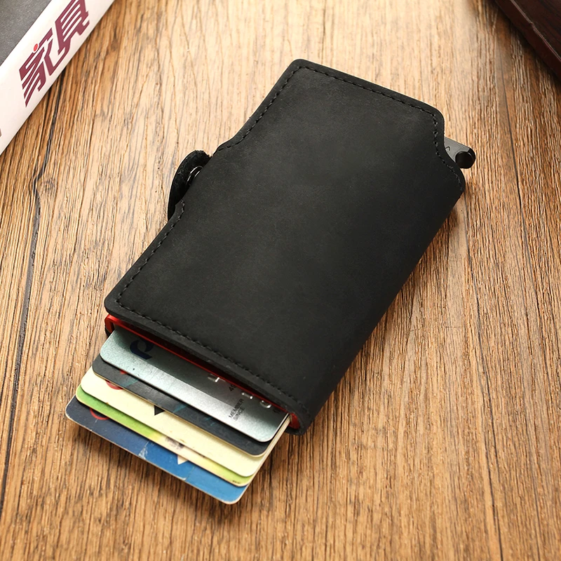 Rfid Credit Card Holder Luxury Split Leather Wallet Men Metal Slim Thin  Minimalist Wallet Bank Cardholder Case Travel Wallet image 6