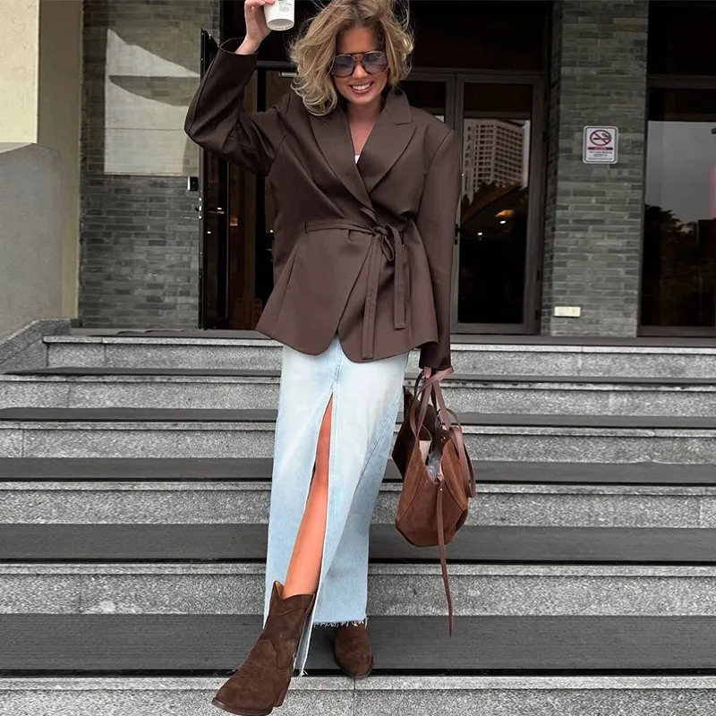 

European and American Cross-border Women's Clothing 2026 Autumn New Fashion Lace-up Waist Long-sleeved Blazer Casual Loose Suit