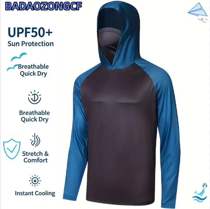 Dark Gray Bright Blue Spliced Hooded Fishing Jersey, Quick Dry Anti-UV Masked Top for Saltwater Fishing Hiking