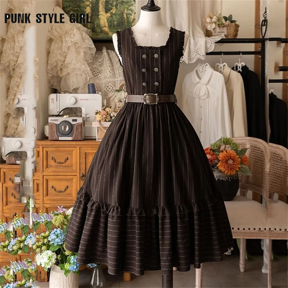 فستان لوليتا عتيق أنيق JSK بدون أكمام لوليتا حلو متوسط الطول مزدوج الصدر مخطط مطبوع فساتين حفلات مكشكشة مرقعة