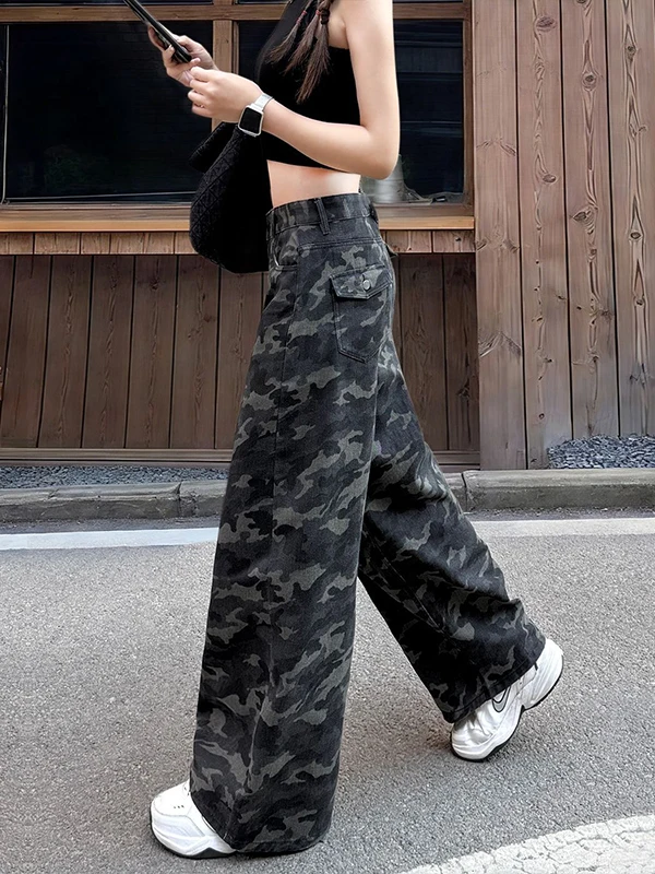High Waist Wide Leg Camouflage Denim Jeans Women's Summer Thin Straight Tube Loose plus Size Slimming Jeans Casual Cotton Blend