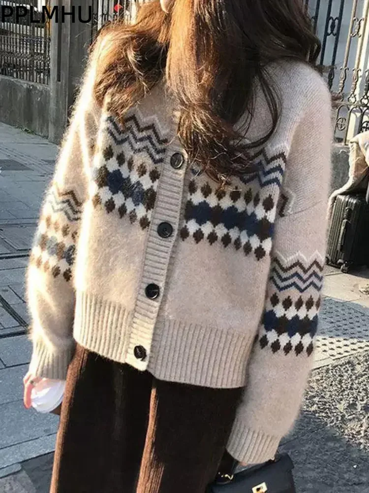 

Женские повседневные утолщенные вязаные кардиганы, корейский модный винтажный полосатый свитер, мешковатый круглый вырез на пуговицах, мягкий трикотаж Sueter