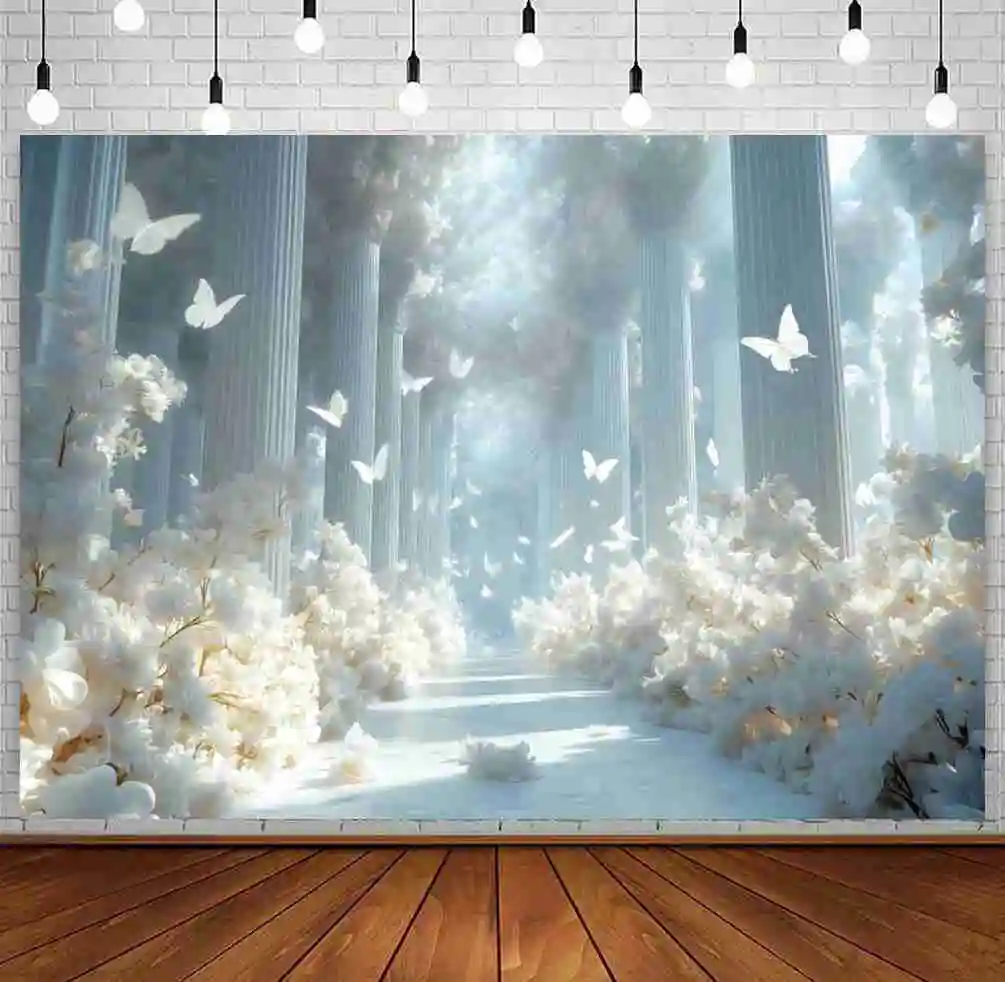 Dreamy Wedding Bridal Shower Photography Backdrop White Palace Castle Flower Butterfly Bride Art Portrait Photo Background Decor