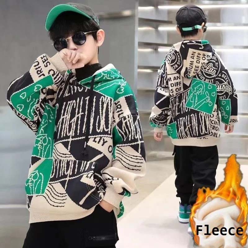 Winter Boys Digital Printing Warm Fleece Lined Sweatshirt Jacket School Kids Track Jumper Coat Tops Child Workout Hoodie 5-16Yrs