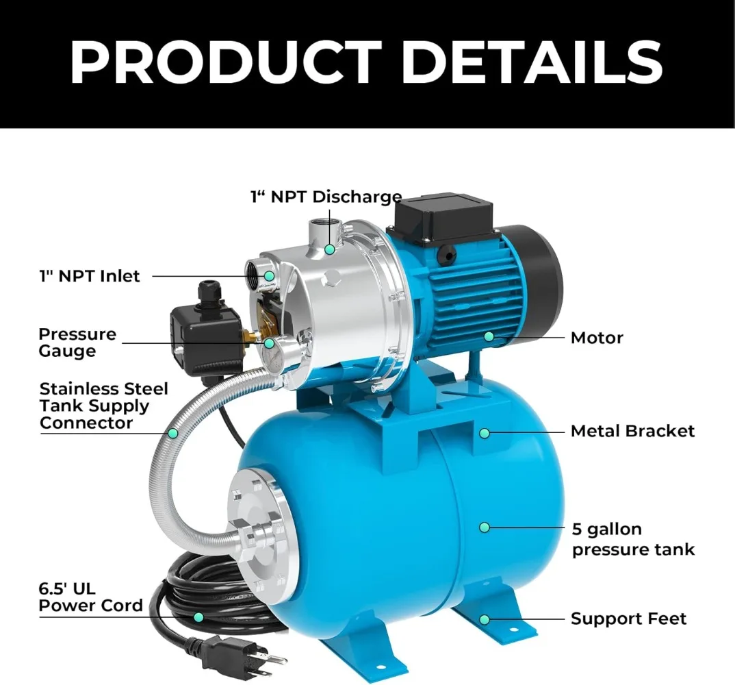 Bomba de pozo poco profunda con tanque de presión, 1,5 hp, bomba de chorro de riego, 1200 GPH, sistema de riego de refuerzo automático, inoxidable