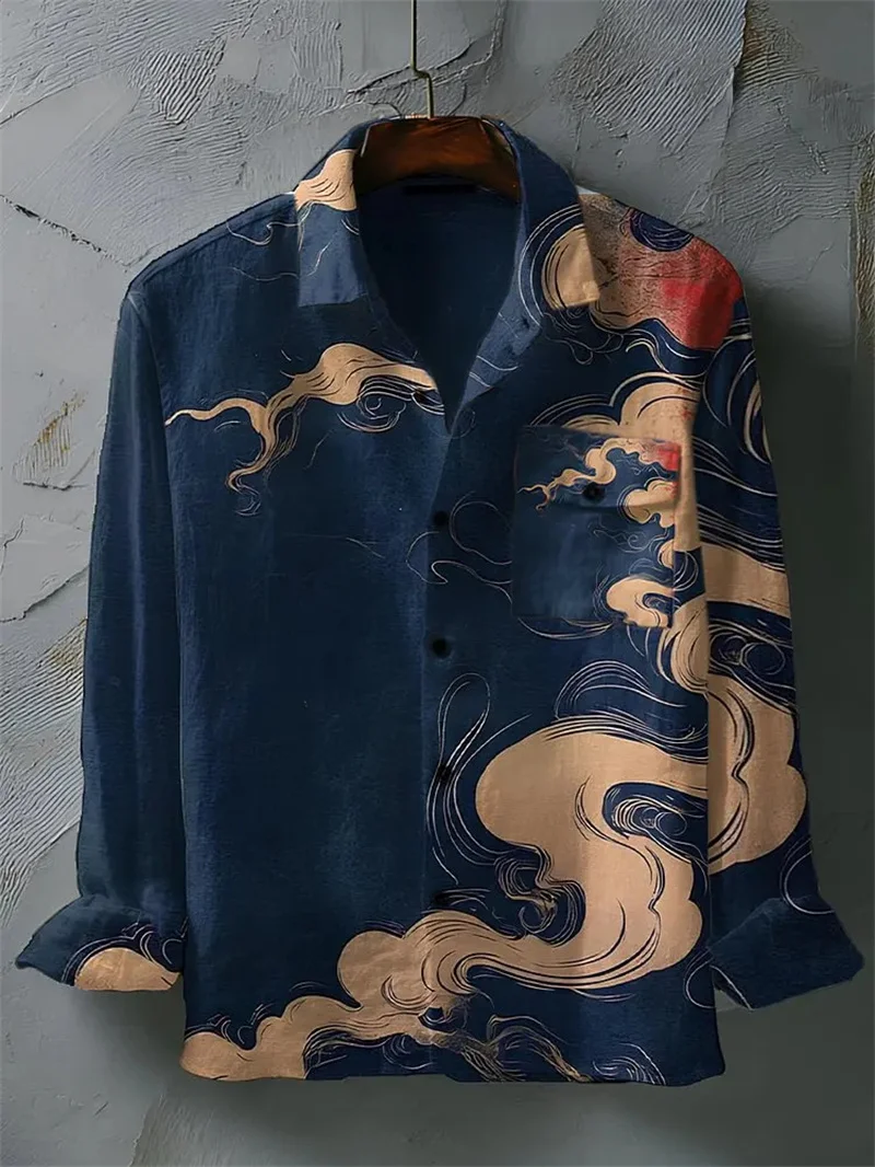 New Samurai Tattoo Cat Splicing Printed Long Sleeve Shirt with Collar for Men's Street Vacation and Style Top