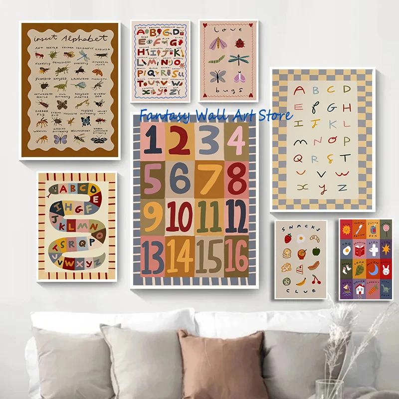 First Words Alphabet Numbers Insects Boho Nursery Cartoon Fine Art Drawing Poster Canvas Painting Wall Pictures Kids Room Decor