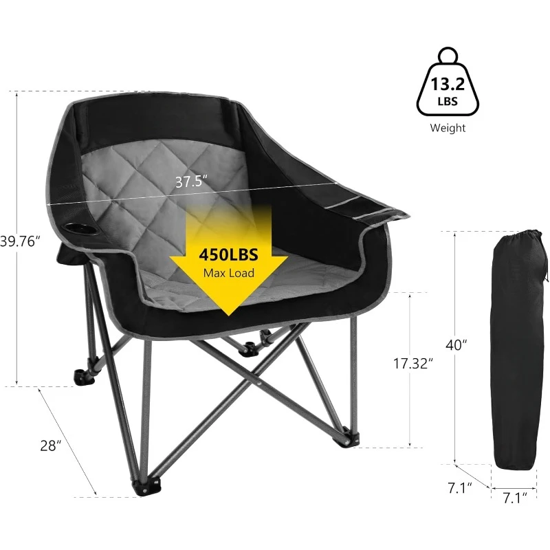 Oversized Padded Camping Chair Heavy Duty Quad Fold Arm Chair Portable for Outdoor - Support 450LBS, Black