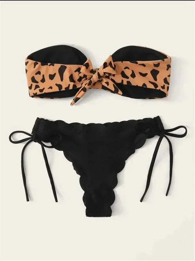 Circyy Printed Swimsuit Women Sexy Leopard Bikini Set Strapless Swimwear Bow Tie Lace Up Two-Pieces Biquini Summer Bathing Suit