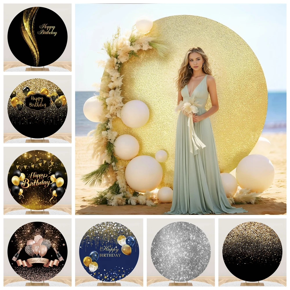 Black Gold Glitter Circular Background Cover Baby Bridal Shower Wedding Kids Adult Birthday Party Decor Round Backdrop Studio