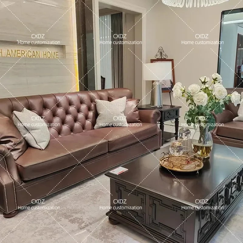 American Retro Classical Full Leather Sofa Three Seater Single Couch for Living Room Furniture