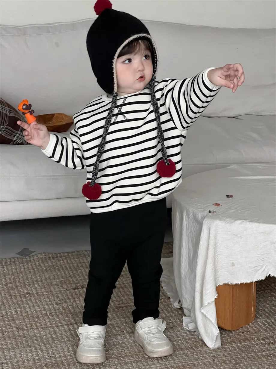 2024 Winter New Baby Plus Velvet Thick Sweatshirt Set Boys Girls Striped Bottoming Shirt + Pants 2pcs Suit Infant Fleece Outfits image 2