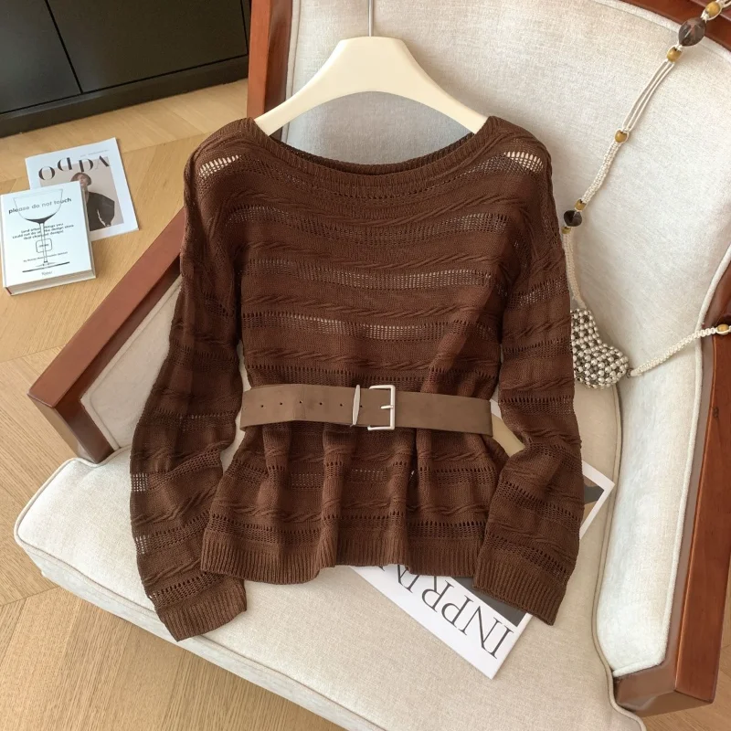 

Коричневый свитер с круглым вырезом и длинными рукавами в стиле ретро, женская осенняя одежда, новинка 2025, ленивая полая блузка, свободный топ