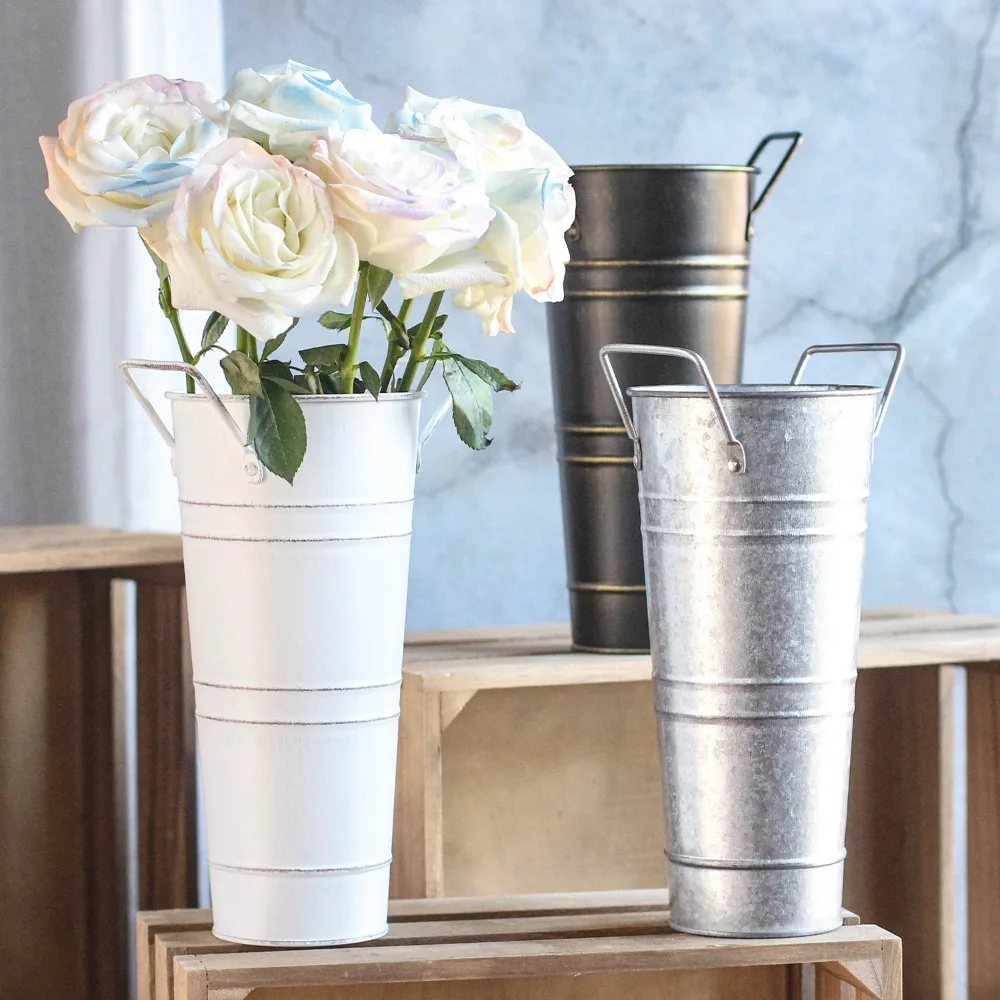 DIY Craft Creative Tin Flower Bucket Durable Round Retro Tin Barrel Protable with Handles Wrought Vase Centerpiece
