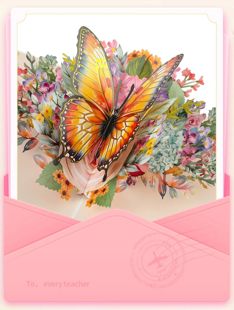 1 Stück 3D Schmetterling Pop-Up Grußkarte mit Gänseblümchen-Blumenornament für Valentinstag Geburtstag Glückwünsche Beste Wünsche Einladungen – Detail 1