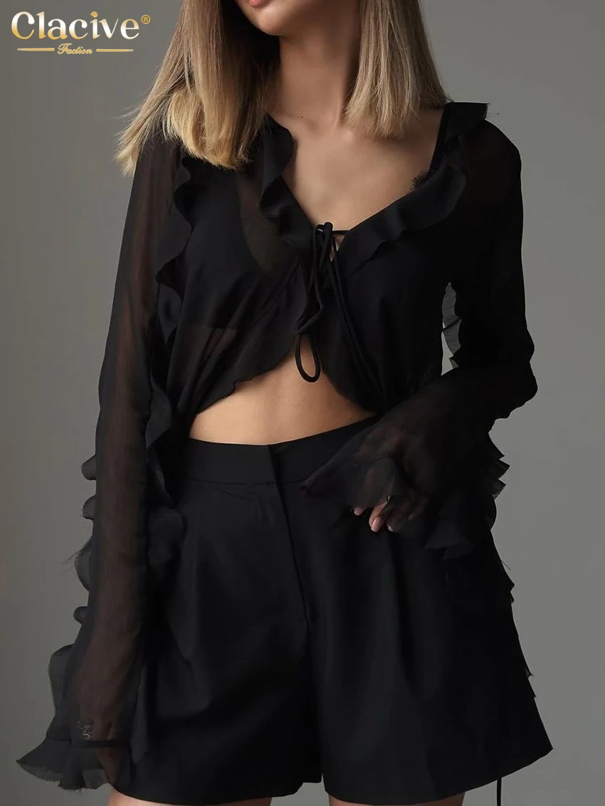 Clacive Fashion Loose Black Women's Shirt 2025 Sexy V-Neck Long Sleeve Shirts Elegant Classic Ruffle Lace-Up Top Female Clothing