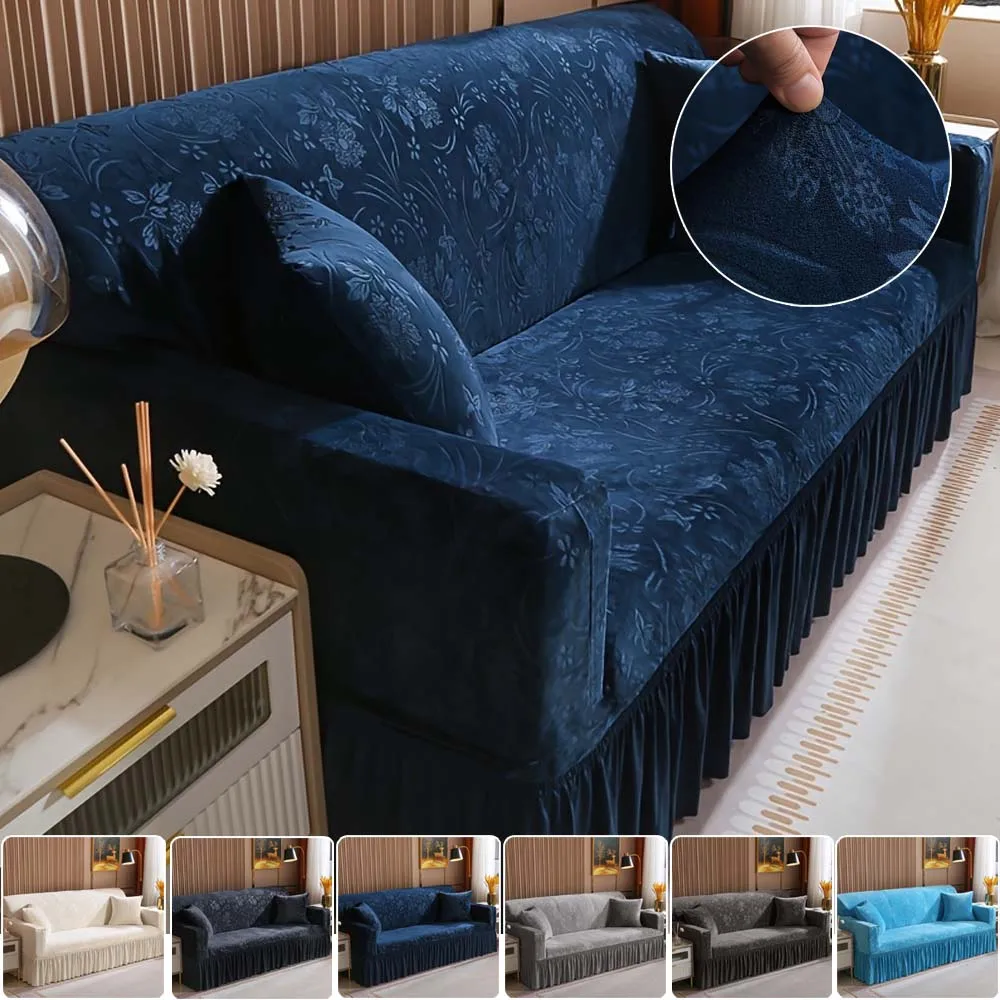 

Solid Color Elastic Sofa Slipcovers Full Coverage Non-slip Thick Crystal Velvet Ruffled Couch Skirt for Home Hotel Housse Canapé