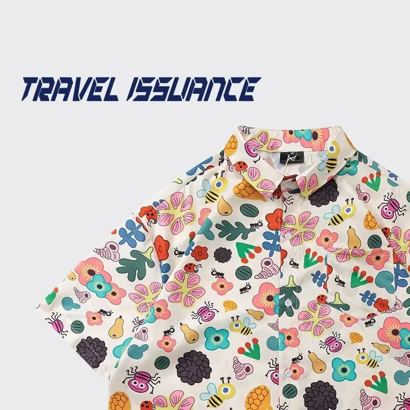 Japanese Anime Cartoon Y2K Tops Summer Short Sleeve Shirts Women Girls Cute Flower Blouse Loose Oversized Couples Kawaii Camisas