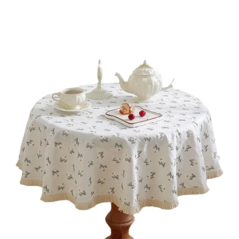 Table Cloth Round Daisy Embroidered Linen Table Cover Farmhouse Rustic Postal Style for Coffee Dinning Table Diameter 120cm