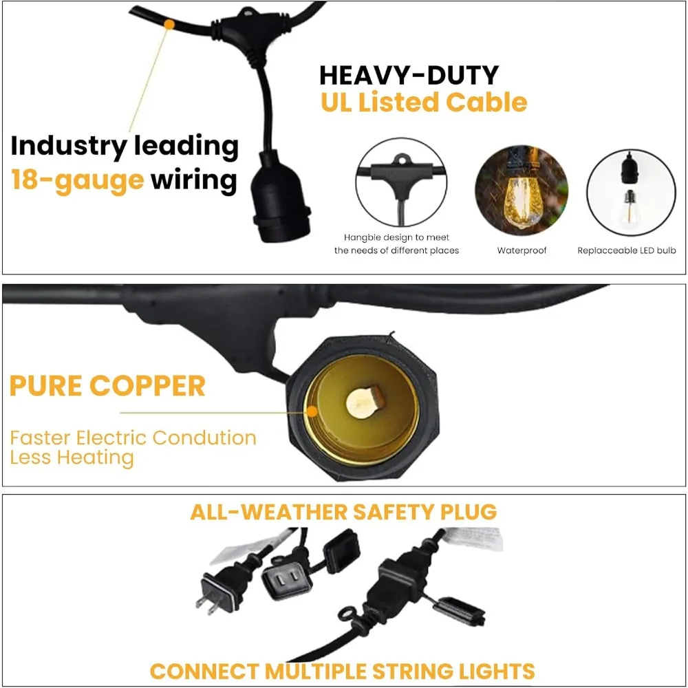 Luzes de corda externas Svater de 48 pés, iluminação de pátio de nível comercial de 2 W com 15 lâmpadas inquebráveis estilo Edison, IP65 à prova d'água