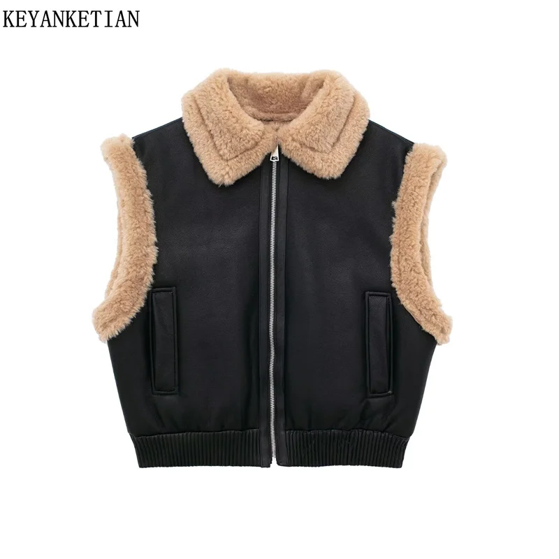 

KEYANKETIAN Winter New Women Double Faced Fur Fleece Waistcoat Crop Vest Simply Retro Zipper Artificial Leather Jacket Outerwear