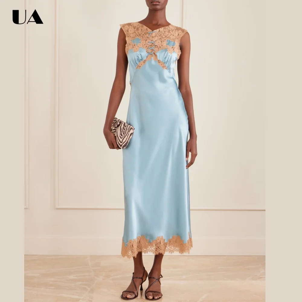 

ULBYANRY Customized Satin Lace Appliques Prom Dress for Woman, Sexy Backless Bow Evening Dress, Elegant Sleeveless Ball Gown