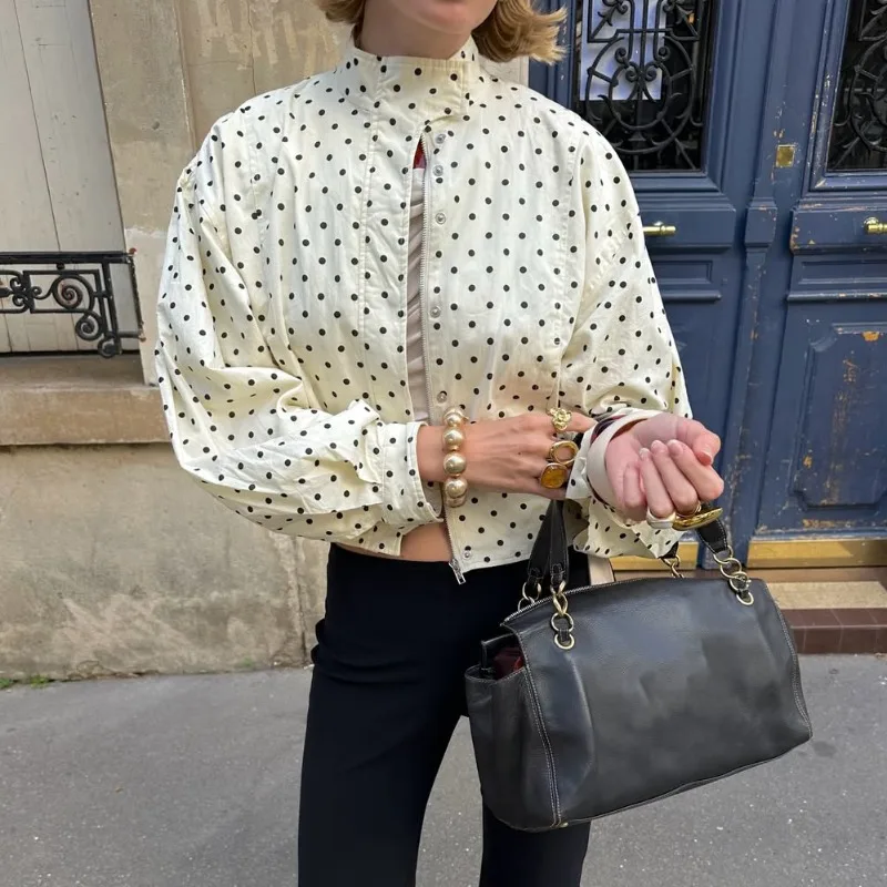 

TARUXY Fashion Polka Dot Print Jacket Coat Women's Stand Collar Long Sleeved Workwear Coat Ins Hot Short Casual Female Jackets