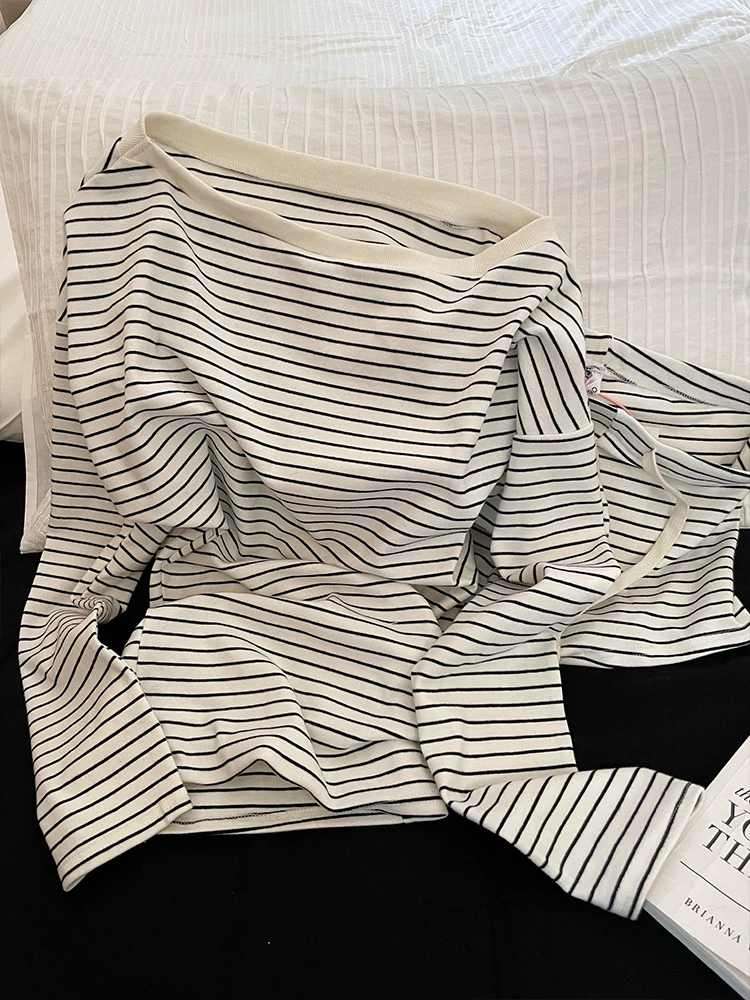

Korean Sle Striped Spwear oulder Bared Long Sve ort Pants Home Clothes Set for Women Spring Autumn Casual Print