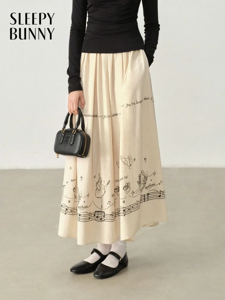 

Printed Elastic Waist Skirt Loose Flowy Midi Skirt for Women Casual High Waist A-Line Skirt Petite Friendly Oversized Hem Design