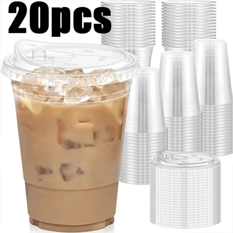 16oz durchsichtiger Plastikbecher mit Deckel, 20Sets Einweg-Kaffeetasse, Einwegbecher, Einweggeschirr für Party & TakeawayDrink,