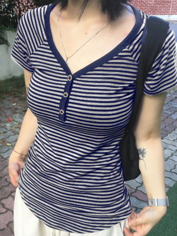 

Romore Casual Blue Tee-Button Transparent ort-Sve Women's Basic Slim Fit T-irt Summer Thin Polyester Spandex Blend