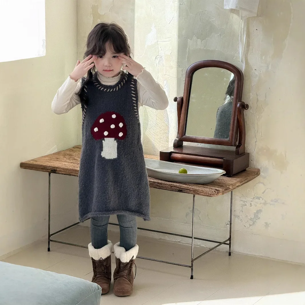 Girls Skirts 2024 Winter New Childrens Clothes Girls Baby Foreign Atmosphere Mushroom Knitted Dress Casual Simple Daily