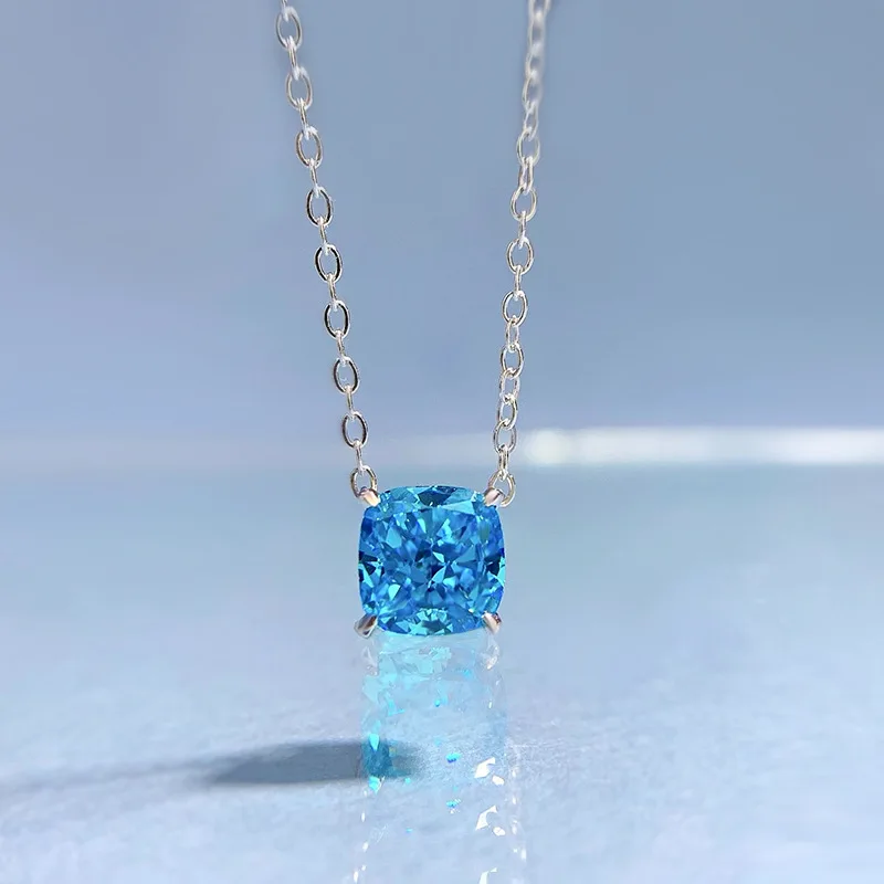 European and American minimalist 2ct pillow shaped 7 * 7 ice cut high carbon diamond pendant sterling silver necklace 40+5cm