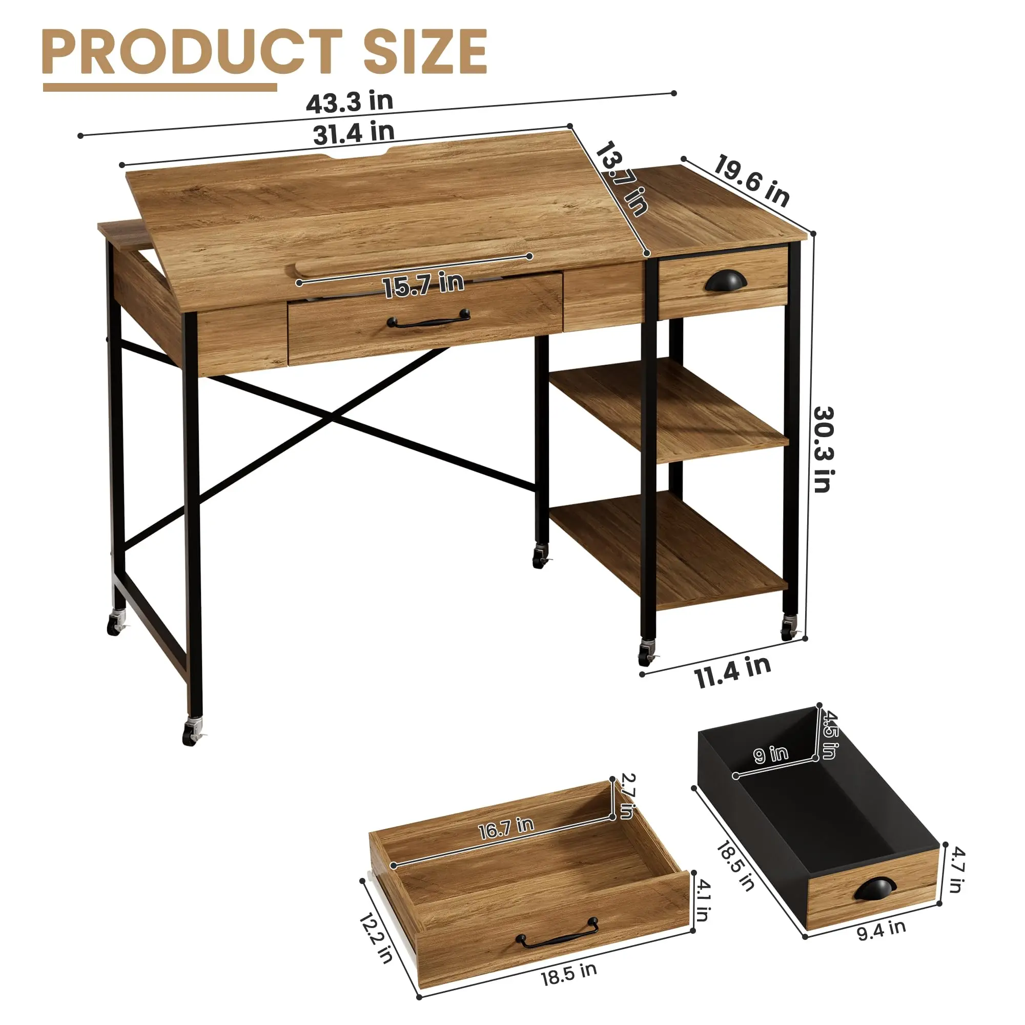 Rolling Drafting Table, Crafting Table with Storage, Computer Desk ﻿