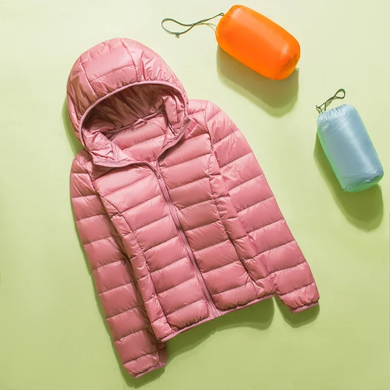 2023 nova primavera e outono feminino ultraleve fino embalável para baixo curto puffer jaqueta pato branco para baixo fino ajuste feminino casacos com capuz