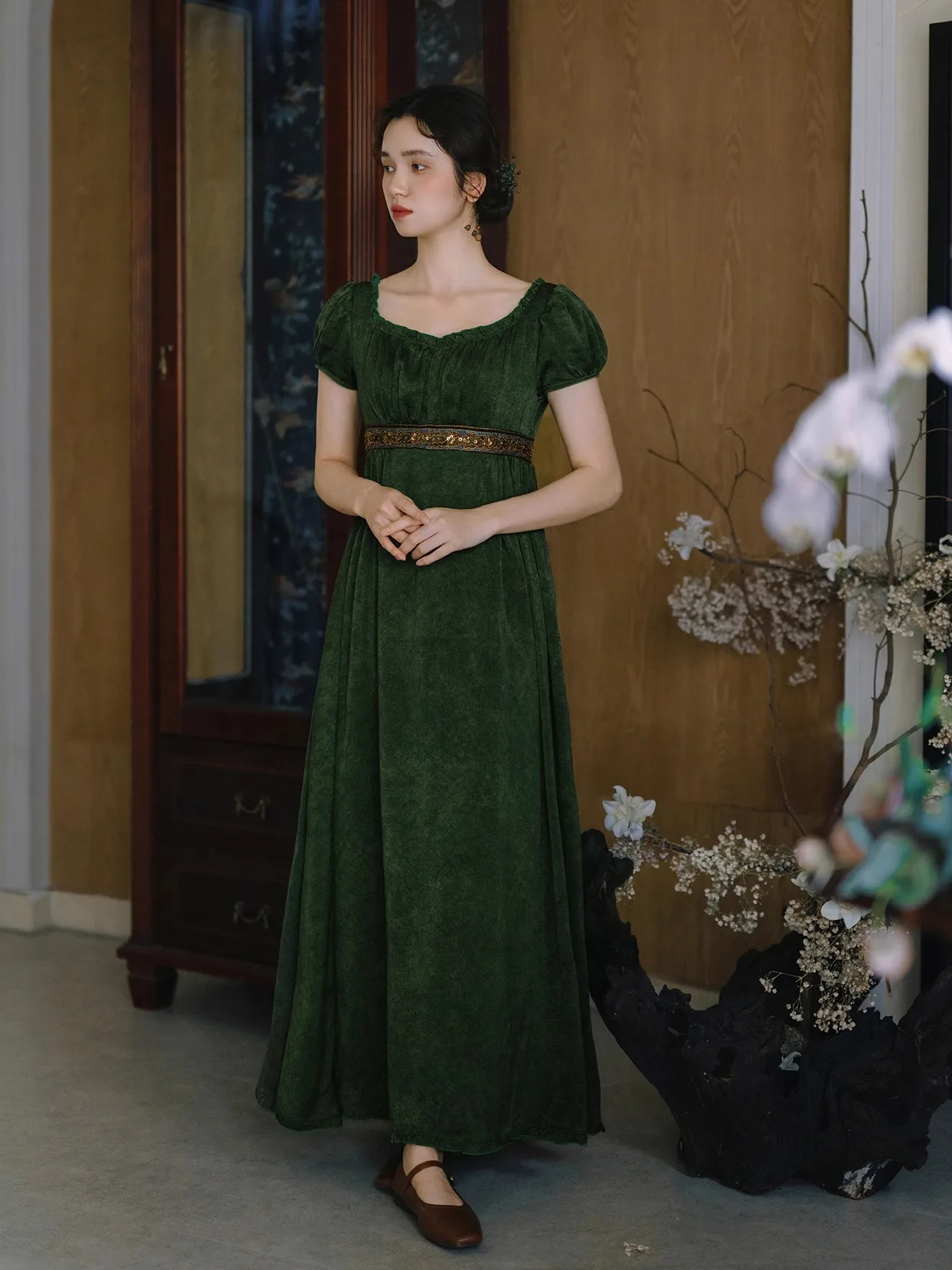 TIYIHAILEY Abito estivo da donna con pittura a olio Manica corta Lungo Maxi da donna Taglia S-XL Manica quadrata Vintage Verde a vita alta