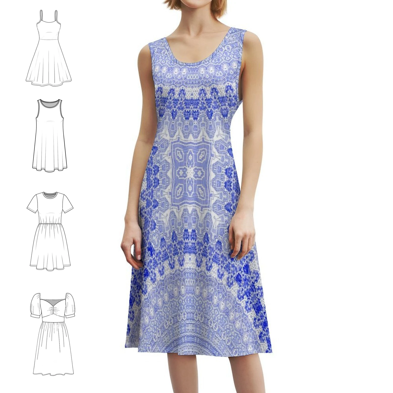 فستان قصير على طراز ماندالا باللون الأزرق للأطفال للنساء على شكل حرف a فستان يوم غير رسمي فضفاض بنصف ماندالا بنمط أزرق للأطفال #1