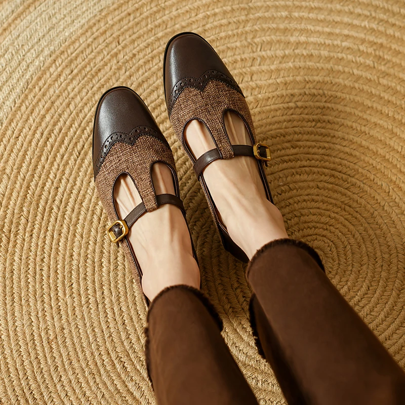 2025 New Women Dress Shoes Thick Heels T-Strap Shoes Genuine Leather Shallow Square Toe Pumps Ankle Strap Ladies Shoes Office