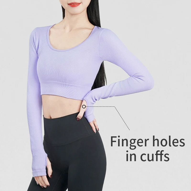 امرأة الكبار محبوك الرقص المحاصيل القمم طويلة الأكمام اليوغا الرياضة الرقص البلوز القمم مردف زي الياقة المستديرة الباليه القمم #5