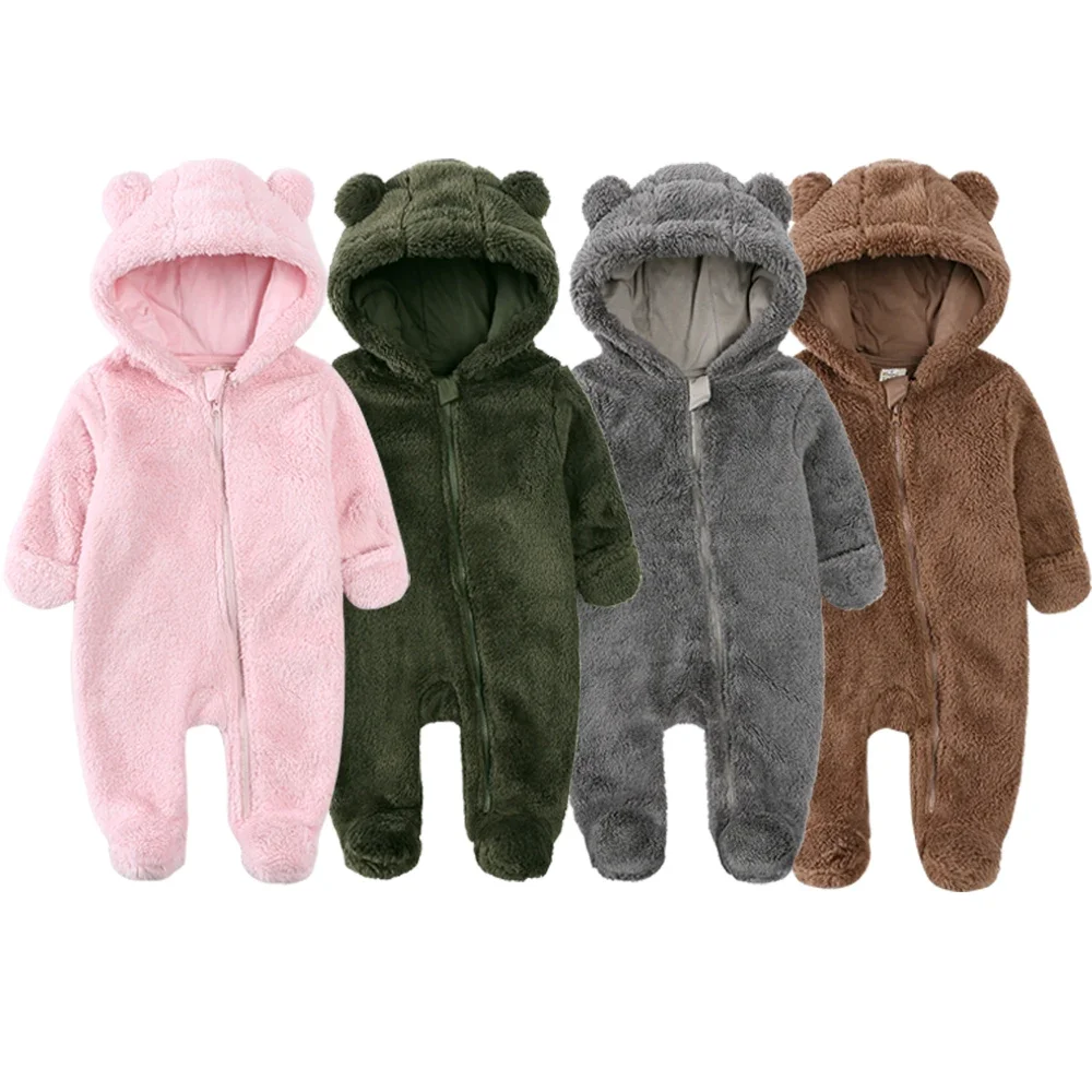 2024 Baby Winter Thick Romper Solid Cotton Warm Long Sleeve Boy Girl Jumpsuit Clothes 0-24M Newborn Bear Fleece Hooded Pyjamas