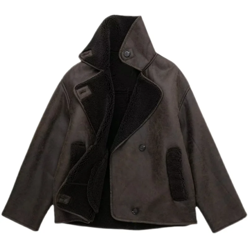 

Women's Versatile Commute Sle Pure Color Long Sve ort Double-Sided Loose Thiened Autumn Winter New