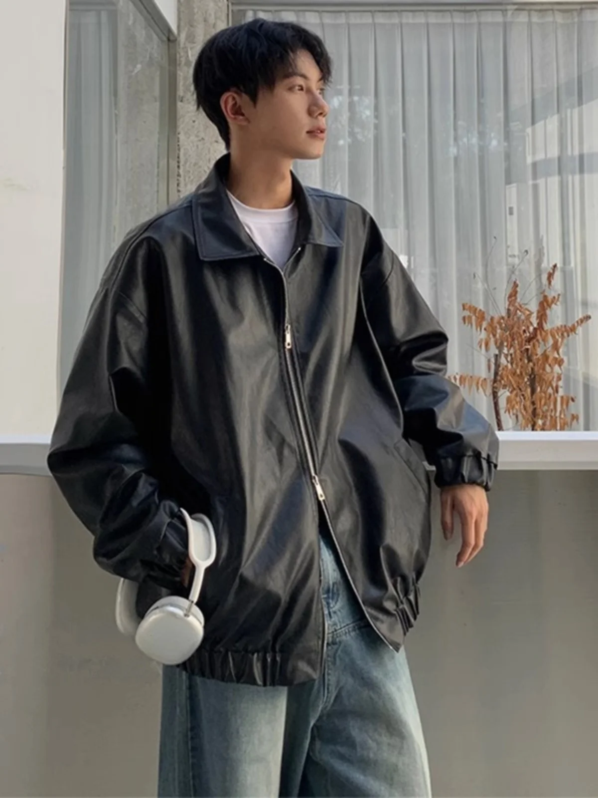 

Men's Biker Leather Jaet Loose Fit Fall Faion Retro Cool Sle Long Sve Stand Length Youthful Trend Autumn Outerwear