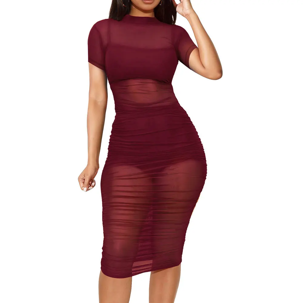 Women Mesh Sexy See Through Dress Summer Solid Design Ruched Lining Dresses Club Black Night Out Mini Bodycon Dress